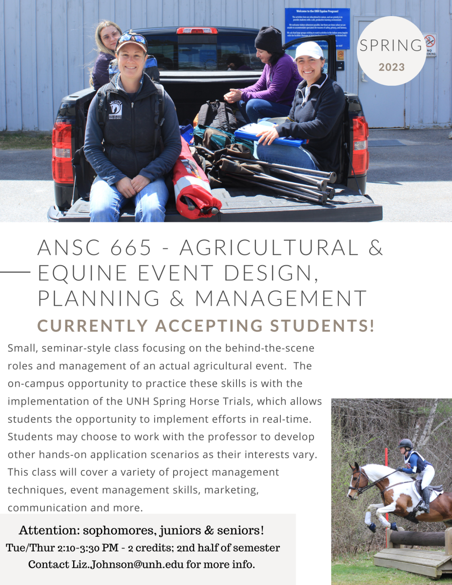 Additional course info for ANSC 665 (01) - Agricultural & Equine Event Design, Planning and Management