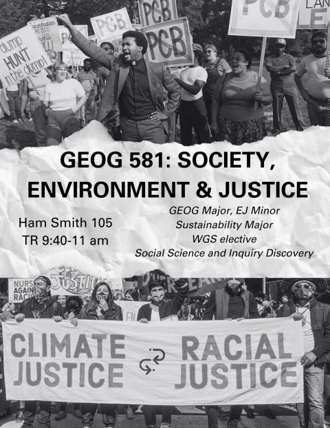 Two black and white images juxtaposed. One of environmental justice activists protesting the dumping of PCBs in Warren County, North Carolina in the 1980s. The other of climate justice activists marching in NYC holding a sign saying that Climate Justice is Racial Justice.